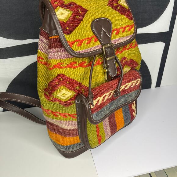 Yun Art Kilim Traditional Turkish Backpack Woven Carpet Leather Yellow - Picture 8 of 13